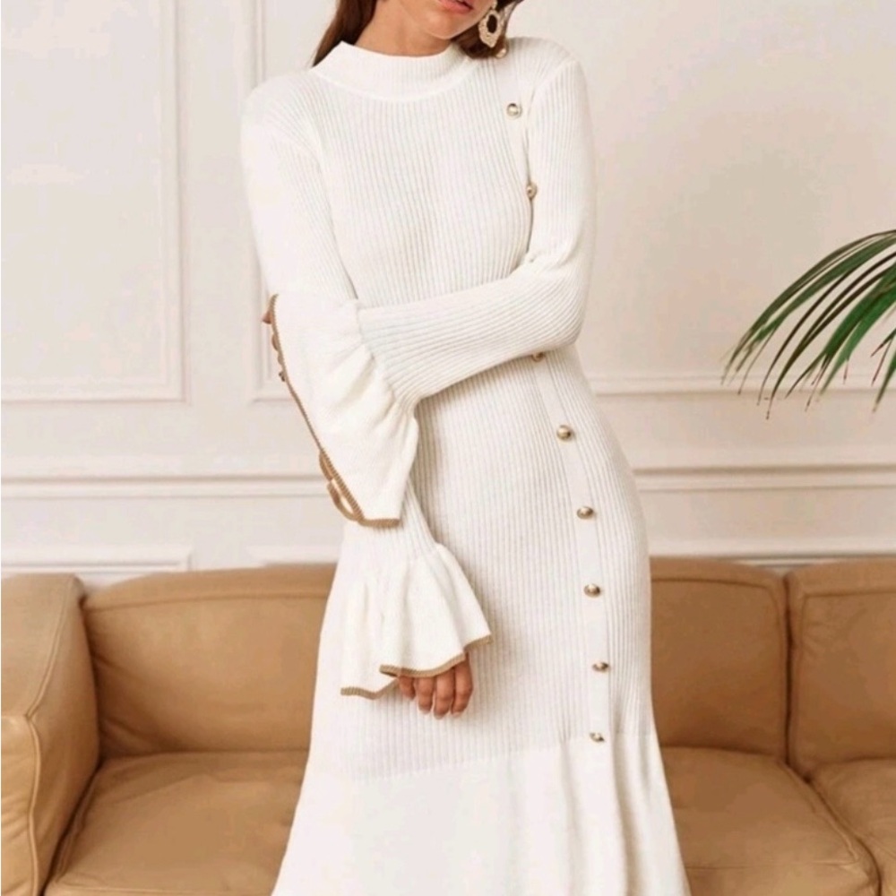 Elegant White Knit Dress with Gold Accents